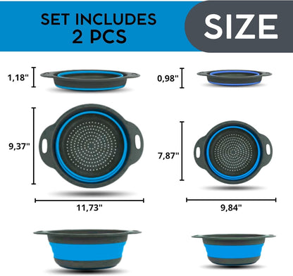 Green Kitchen Strainer Colander Set - 2 PCS Multifunctional Colander Silicone Food Strainers for Kitchen for Pasta and Spaghetti Collapsible with Plastic Handles