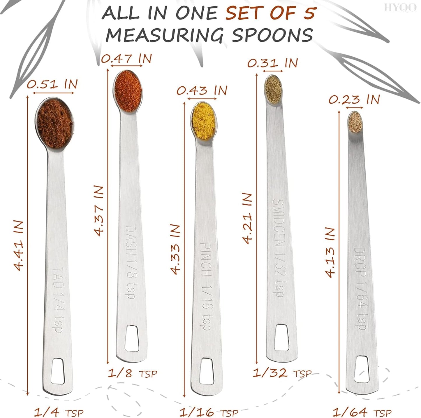 5 Pcs Mini Measuring Spoons Set - Stackable Design, 1/4, 1/8, 1/16, 1/32, 1/64 TSP Sizes, Flat Handle Metal Measuring Spoons Made of Durable Stainless Steel for Cooking, Baking & Small Kitchen Tasks