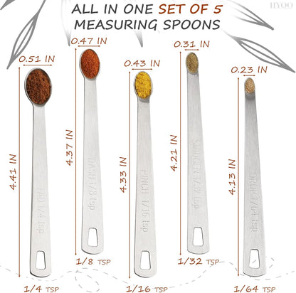 5 Pcs Mini Measuring Spoons Set - Stackable Design, 1/4, 1/8, 1/16, 1/32, 1/64 TSP Sizes, Flat Handle Metal Measuring Spoons Made of Durable Stainless Steel for Cooking, Baking & Small Kitchen Tasks