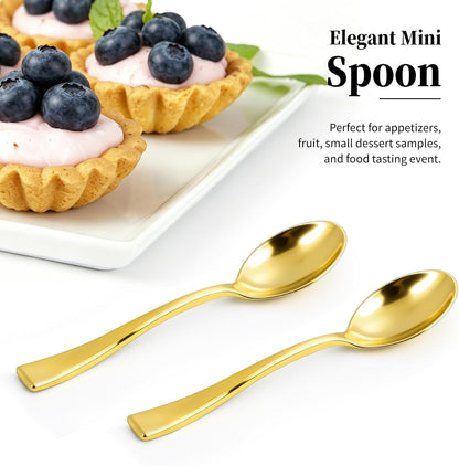 Kucoele 4 Inch Gold Mini Plastic Spoons, 100 Pack Disposable Small Dessert Spoons for Appetizer Tasting, Puddings, Ice Creams, Wedding Reception