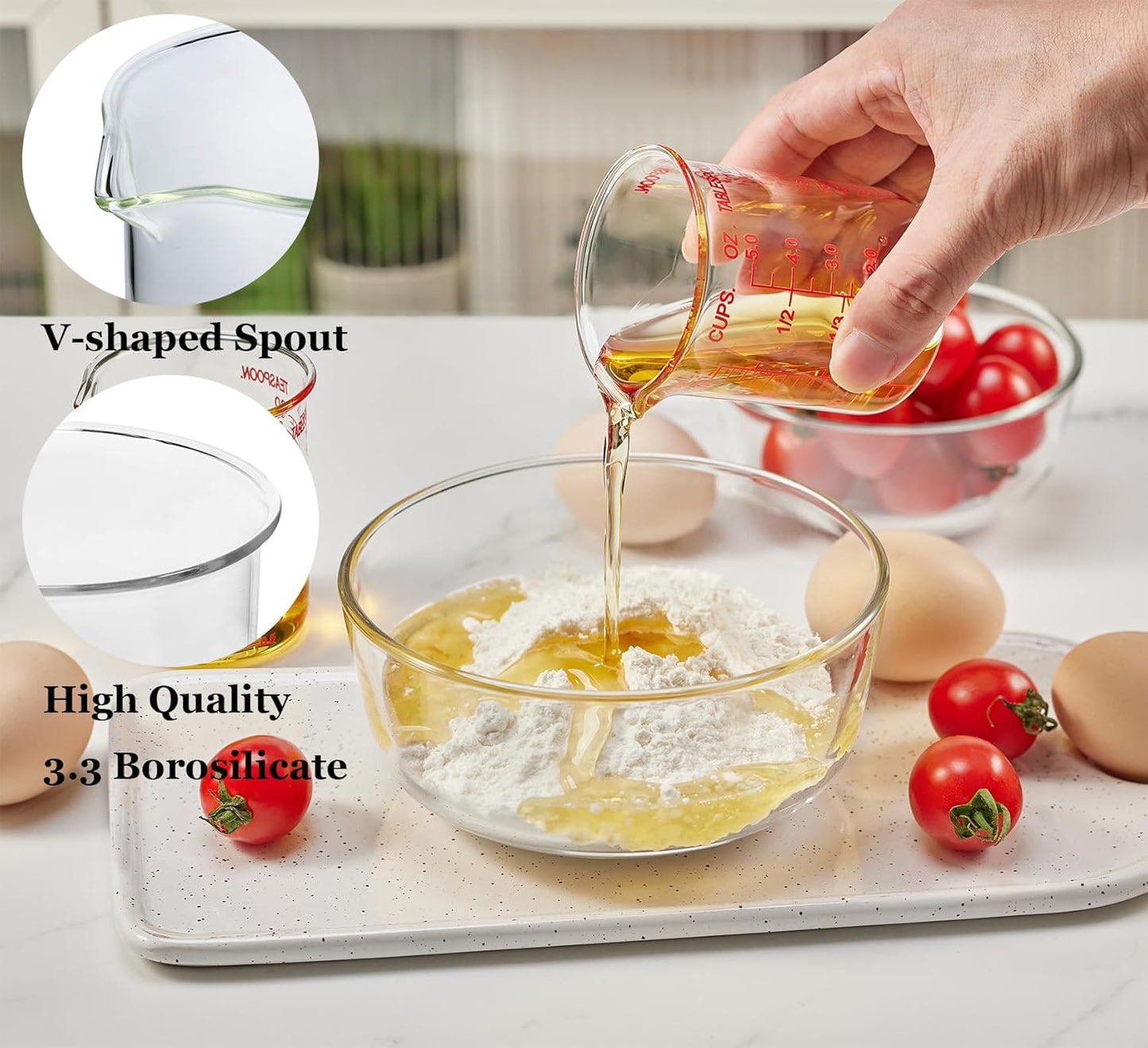 High Borosilicate Glass Measuring Cup-V-Shaped Spout，Glass Measuring Beaker for Kitchen or Restaurant, Easy to Read, 60 ML (2 Oz)-Pack of 2