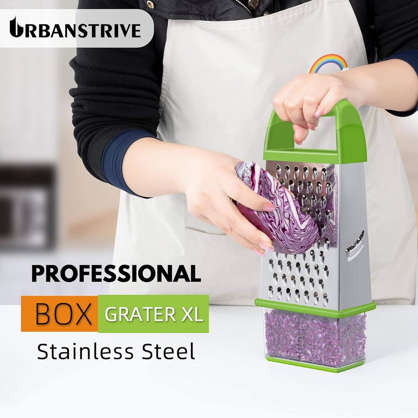 Urbanstrive Cheese Grater With Container, Professional Cheese Grater with Handle, Stainless Steel Graters for Kitchen Handheld, Box Grater with 4 Sides for Vegetables, Ginger, Potatoes (Blue)