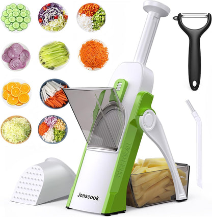 Safe Mandoline Slicer for Kitchen, Adjustable Thickness 0.1-8 mm, 5 in 1 Multi Vegetable Chopper, Potato Slicer, Food Chopper French Fry Cutte, Paring Knife/Cleaning Brush, Mandolin (BlackKnight)