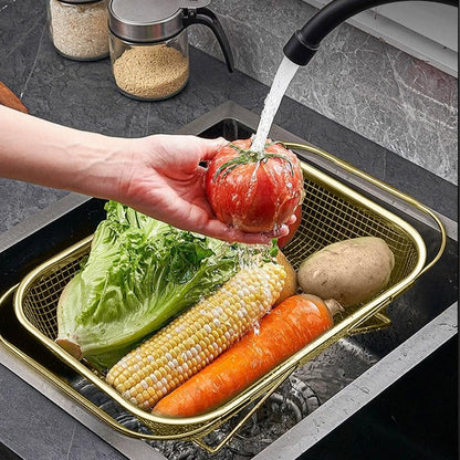 Over the Sink Colander, Expandable Baskets with Fine Mesh Strainer Handle Stainless Steel Rectangle Kitchen Colanders for Strain Drain Rinse Fruits Vegetables Pasta New Home Essentials (Gold)
