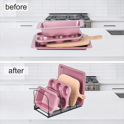 Toplife Pot Lids Organizer Rack for Cabinet and Countertop, 7+ Pan Lids and Bakeware Organizer Rack Holder with 7 Adjustable Compartments - Brown