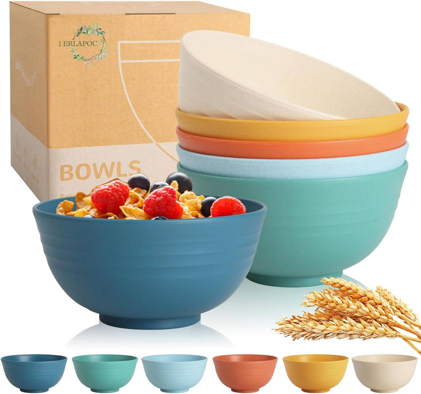 Wheat Straw Bowls Set with Lids, Unbreakable 40 OZ Cereal Bowls Set of 4, Salad Container for Lunch, Microwave & Dishwasher Safe Bowl Set for Kitchen, Picnic, RV, Camping, Multi