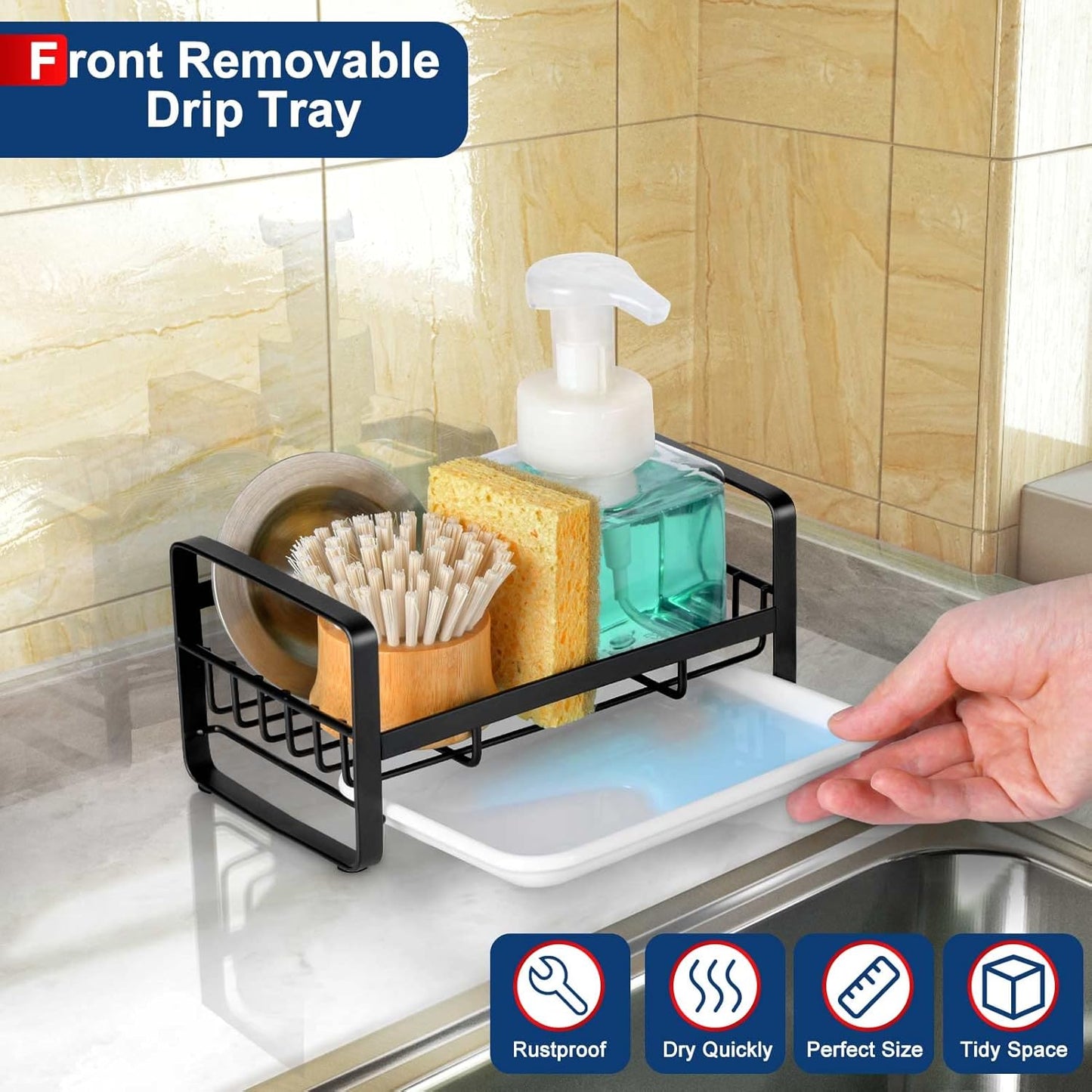 HULISEN Kitchen Sink Sponge Holder, 304 Stainless Steel Kitchen Soap Dispenser Caddy Organizer, Countertop Soap Dish Rack Drainer with Removable Drain Tray, not Including Dispenser and Brush