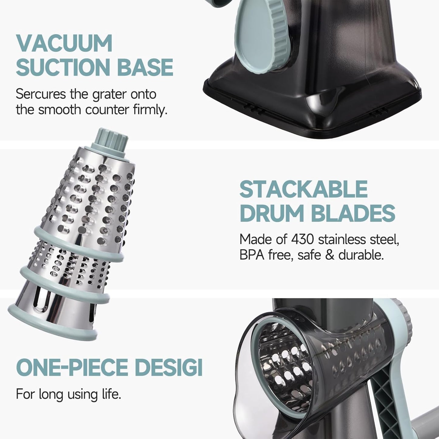 Rotary Cheese Grater with Handle Kitchen Shredder Slicer Grater Slicer Ice Shaver Cheese Vegetable Nuts Potato Zucchini Chocolate 3 Interchangeable Blades (Dark Grey TSP)