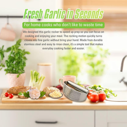 Garlic Press Rocker 304 Stainless Steel Garlic Mincer Crusher Easy to Clean Dishwasher Safe Textured End for Light Tenderizing, with Silicone Peeler and Cleaning Brush (Pink)