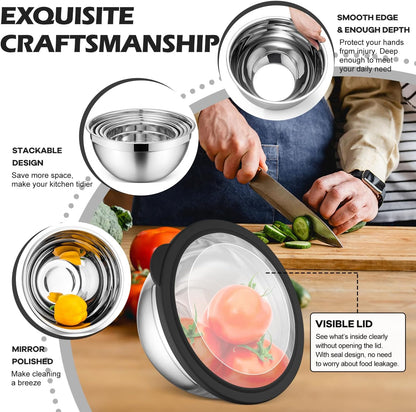 E-far Stainless Steel Mixing Bowls with Airtight Clear Lids Set of 7, Metal Nesting Bowls for Kitchen Prep, Baking, Cooking, Serving, Salad, Dishwasher Safe, Size 4.6, 3.5, 3, 2, 1.5, 1, 0.7QT, Khaki