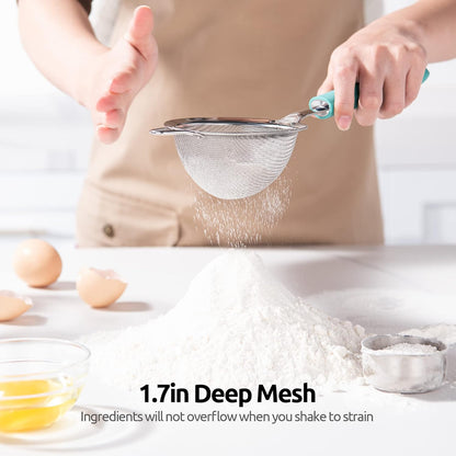 18/8 Stainless Steel Mesh Strainer: U-Taste 5.5 Inch Kitchen Fine Mesh Sieve Food Colander with Riveted Sturdy Silicone Handle and 30 Mesh Hole for Straining Flour, Pasta, Fruit, Quinoa(Aqua Sky)