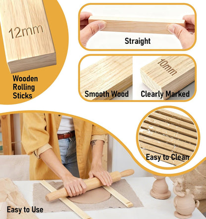 13 Pcs Pottery Tools, 5 Size Teaching Rolling Mud Stick Guide, Wood Rolling Pin, Pottery Special Linen, Clay Fabric, Sponge, Premium Pottery Tools for Hobbyists & Ceramic Artists
