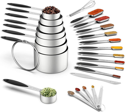 Measuring Cups and Measuring Spoons Set, Wildone Stainless Steel 8 Measuring Cups, 10 Measuring Spoons, 1 Leveler 1 Whisk & 5 Mini Spoons, for Dry and Liquid Ingredient - 25 Piece Multicolor