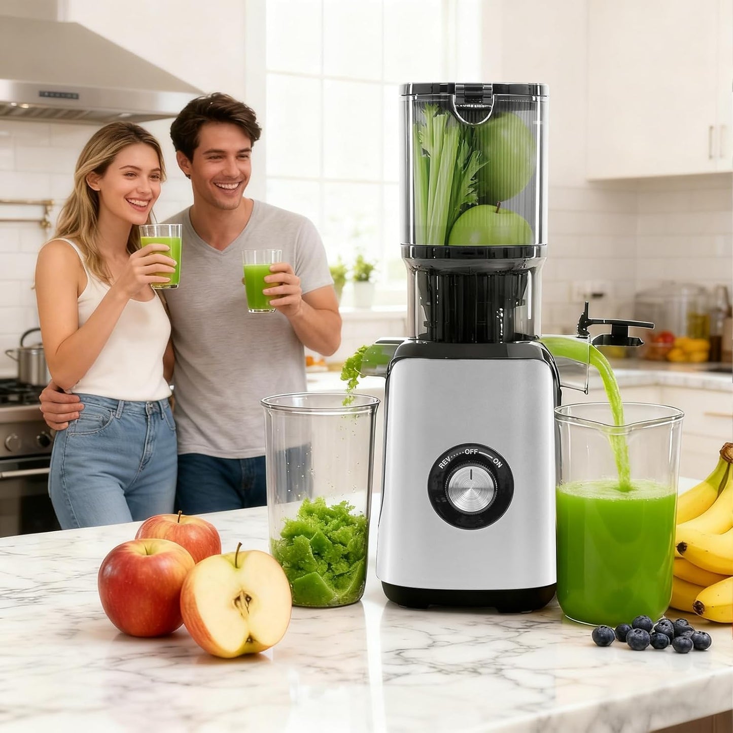 NEWBULIG Cold Press Juicer Machines, Masticating Juicer with High Juice Yield, Reverse Function, Stops Oxidation and Easy to Clean for Vegetables & Fruits, Black