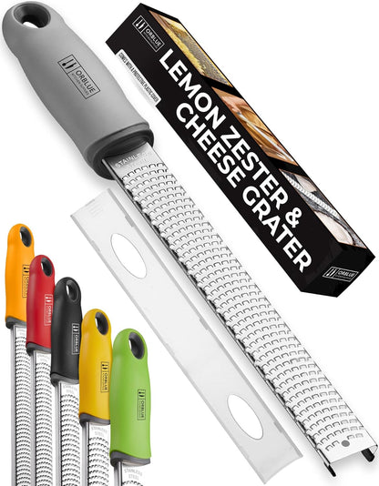 Orblue Lemon Zester & Cheese Grater - Premium Citrus Zester, Kitchen Grater for Parmesan, Chocolate, Fruits, Vegetables, Ginger, Garlic, Nutmeg - Stainless Steel Blades with Protective Cover, Black