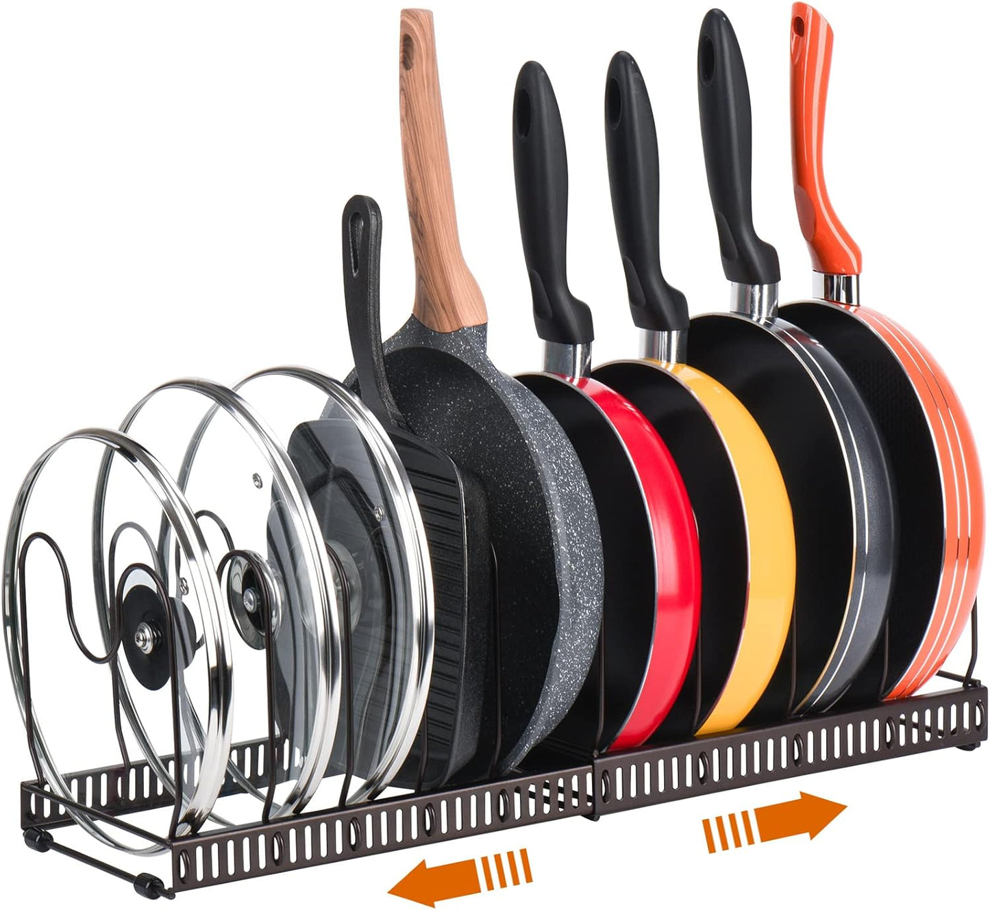 Toplife Pot Lids Organizer Rack for Cabinet and Countertop, 7+ Pan Lids and Bakeware Organizer Rack Holder with 7 Adjustable Compartments - Brown