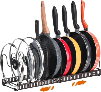 Toplife Pot Lids Organizer Rack for Cabinet and Countertop, 7+ Pan Lids and Bakeware Organizer Rack Holder with 7 Adjustable Compartments - Brown