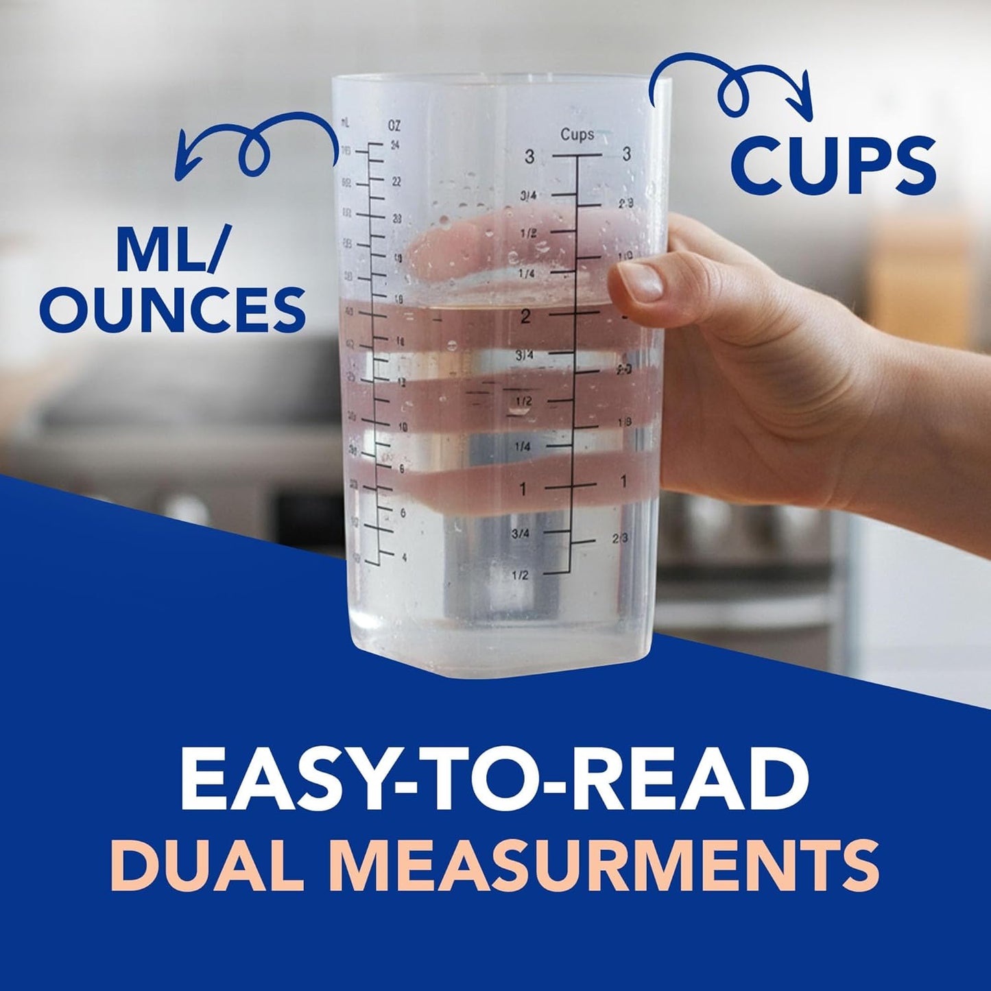 Measuring Cup Set - 2-Piece (1-Cup & 3-Cup Capacity) with Flexible Silicone Front & Rigid Back for Precise, Non-slip Pouring, Easy-Read Measurements (Cups, Oz, ML), Dishwasher Safe