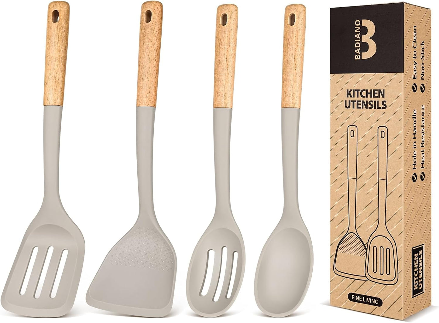 Silicone Cooking Utensils Set, Perfectly Angled for Frying, Mixing,Serving,Draining,Turning and Stirring, BPA-Free Matte Silicone, Wood Handles, Safe for Nonstick Cooking Surfaces,4 Pack (Grey)