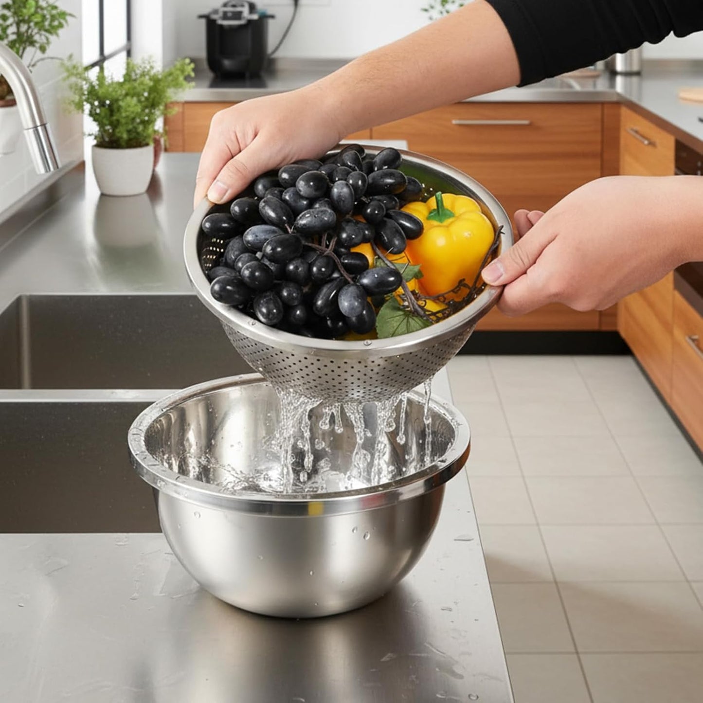 304 Stainless Steel Colander 3.5QT Microporous Colander and Large Bowl, Rice-Strainer with Salad Mixing Bowl Rice Washer Strainer Bowls for Washing Vegetables, Fruit and Rice, Dishwasher Safe(2PCS)