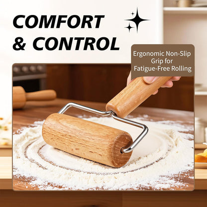 Pizza Rolling Pin Small Rolling Pin Wooden Dough Roller Non Stick Pizza Dough Roller for Baking Pastry Tortilla Cookie Dumpling Rolling Pins for Baking (T+H-Style)