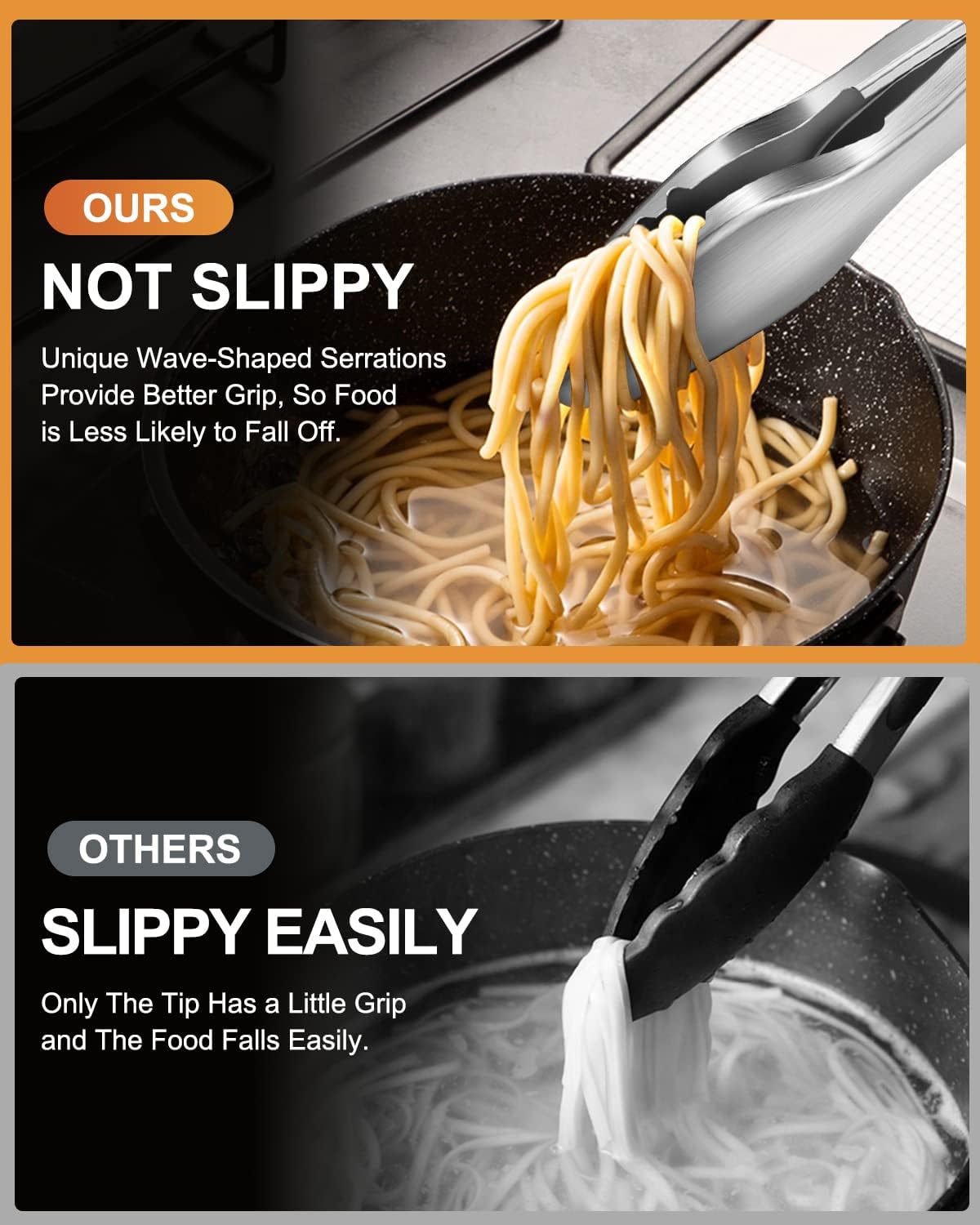 600ºF Heat Resistant Kitchen Tongs, Premium Locking Cooking Tongs with Silicone Tips, Non-Slip Food Tongs for Cooking, Non-Stick, Heavy Duty Stainless Steel Handle, Set of 3-7" 9" and 12" Black