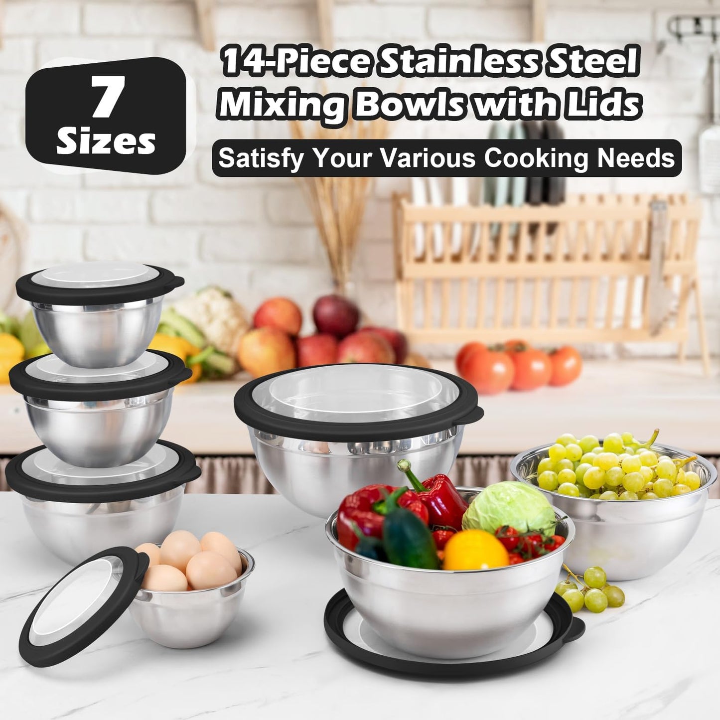 E-far Stainless Steel Mixing Bowls with Airtight Clear Lids Set of 7, Metal Nesting Bowls for Kitchen Prep, Baking, Cooking, Serving, Salad, Dishwasher Safe, Size 4.6, 3.5, 3, 2, 1.5, 1, 0.7QT, Khaki