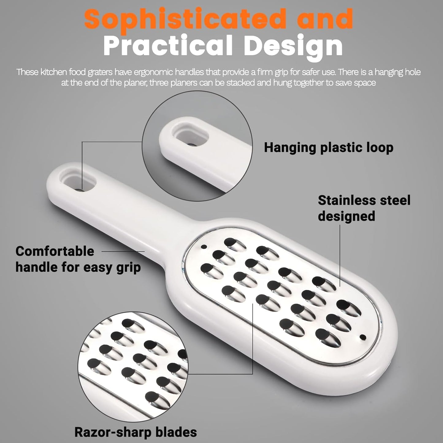LELE LIFE 3 Pack Hand Held Cheese Grater for Kitchen Stainless Steel, Small Stackable Storage Zester Grater with Handle for Cheese Lemon Ginger Nutmeg Garlic Citrus Potato
