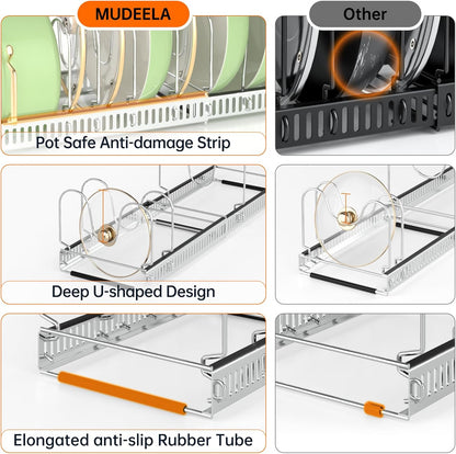MUDEELA Pots and Pans Organizer Rack for under Cabinet, Expandable 11.81''-22.85'' Pot Lid Kitchen Cabinet Organizer Holder with 10 Adjustable Compartment Cutting Board Organizer for Pan Lid, Bakeware
