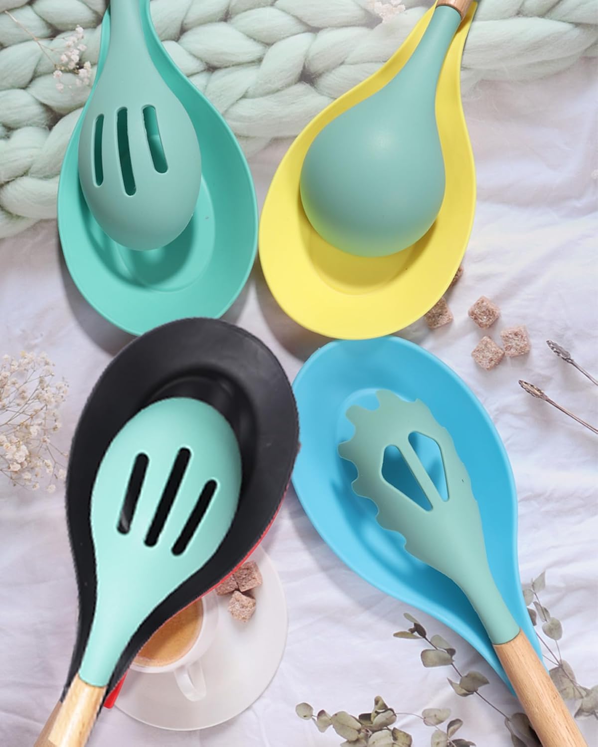 6 Pack Silicone Spoon Rest for Stove Top, Heat Resistant Kitchen Spoon Holder for Counter, Multi-Color (Multi-6)
