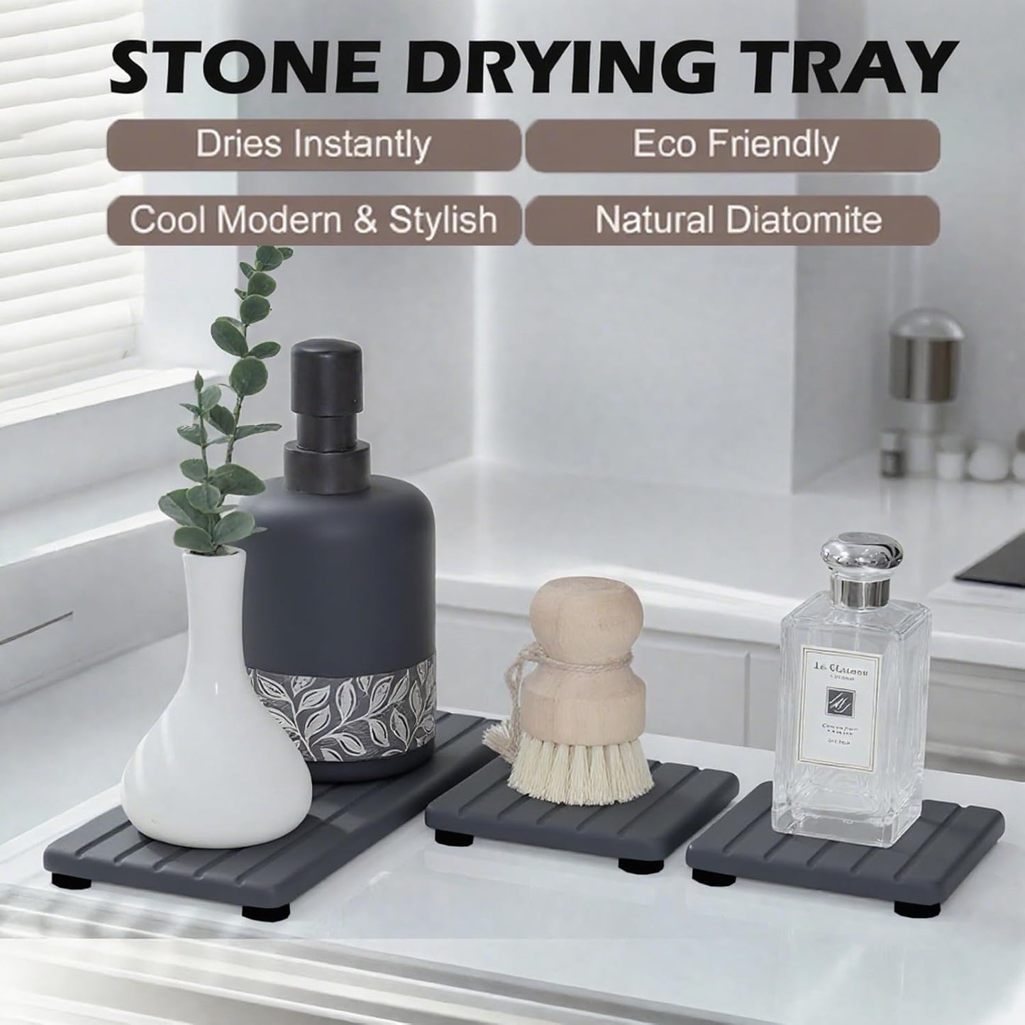 Quick Dry Sink Caddy Kitchen Sink Organizer, Water Absorbing Stone Tray for Sink, Stone Drying Tray, Diatomite Faucet Mat & Protector, Dispenser Sponge Holder, Stone Soap Tray for Bathroom Counter