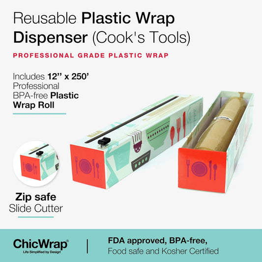 Chicwrap Lemon Refillable Plastic Wrap Dispenser - Includes One 12" x 250' Roll of Professional Grade Plastic Wrap - BPA Free and Kosher Certified - Reusable Dispenser w/Slide Cutter