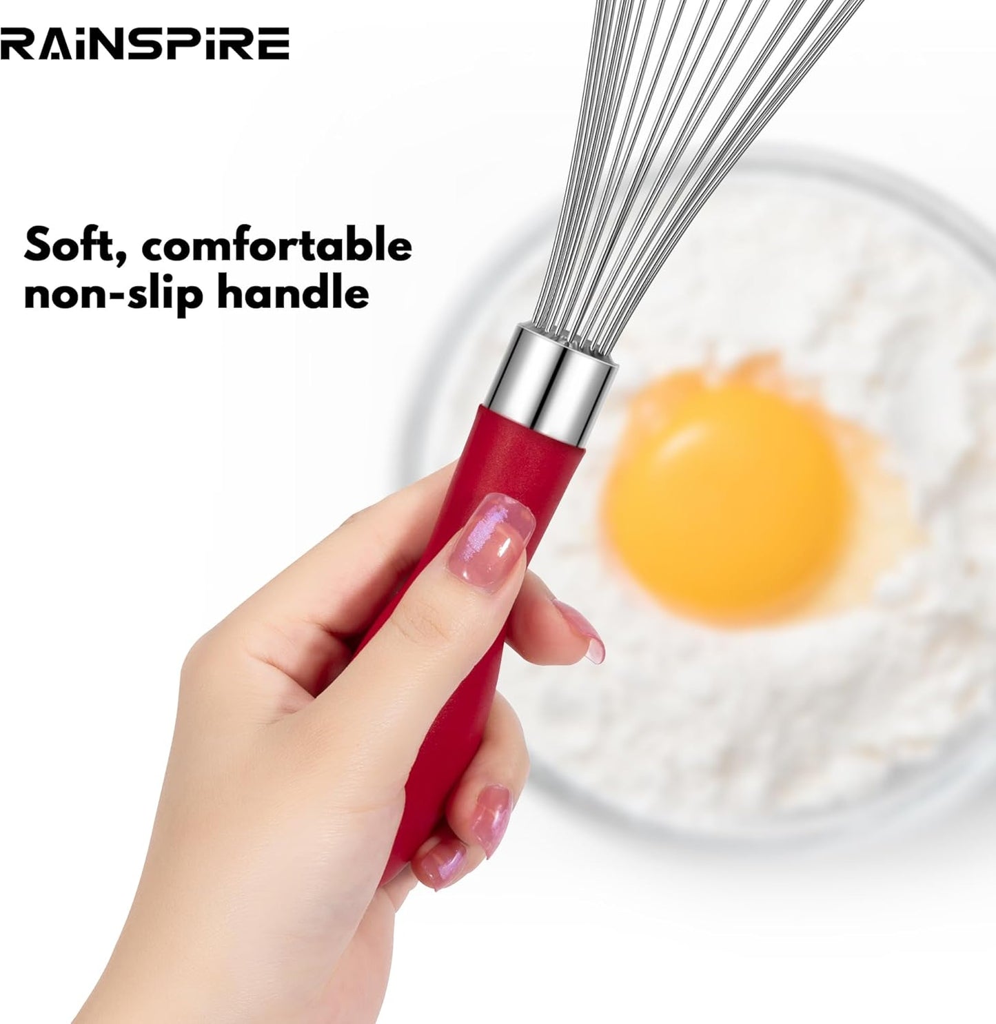 Rainspire 12-Inch Wire Whisk Stainless Steel, Balloon Whisks for Cooking, Wisk Wisking Tool With Soft Silicone Handle, Thick Durable Whisker for Blending, Beating, Whisking, Stirring, Pink