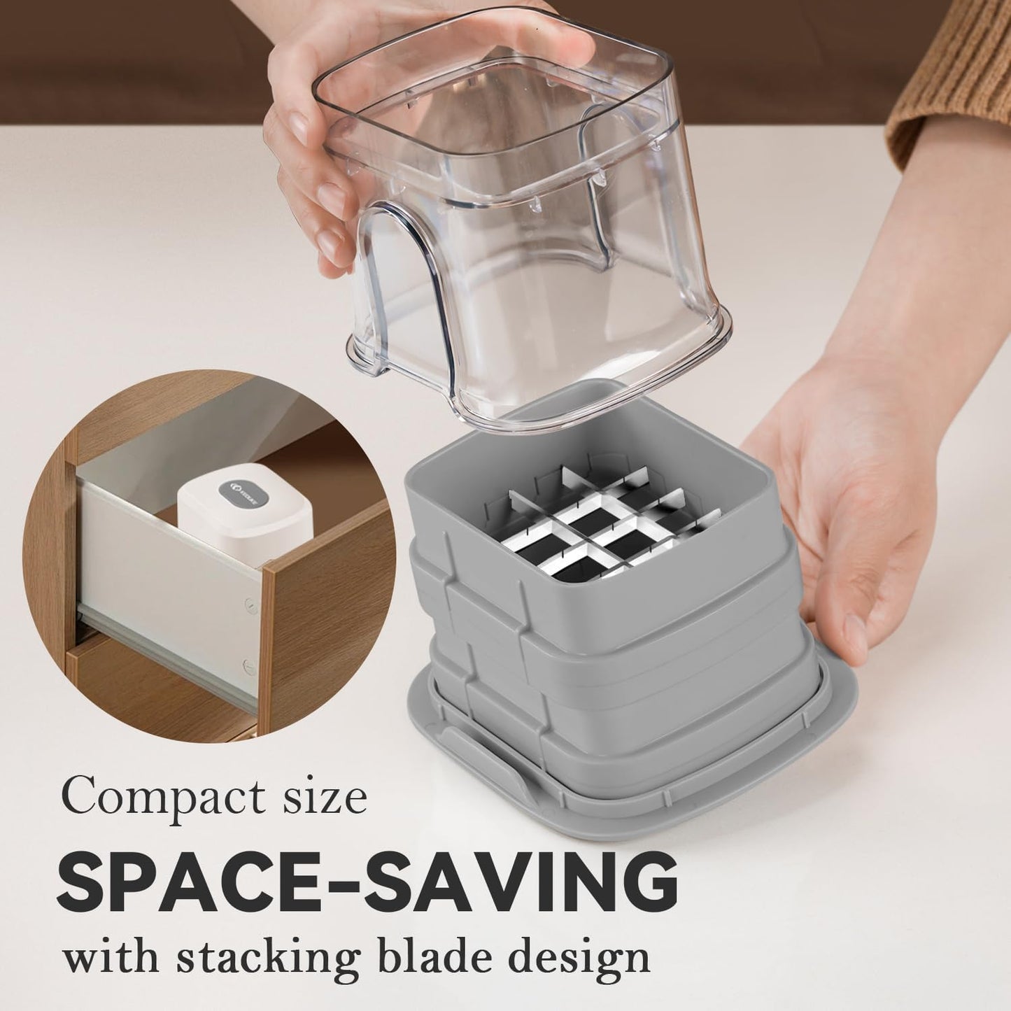 KEOUKE Multifunctional Vegetable Chopper Bowl White - 3 Interchangeable Blades Potato French Fry Cutter with Container & Storage Box Food Chopper Dicer for Cucumber, Tomato, Carrot, Onion