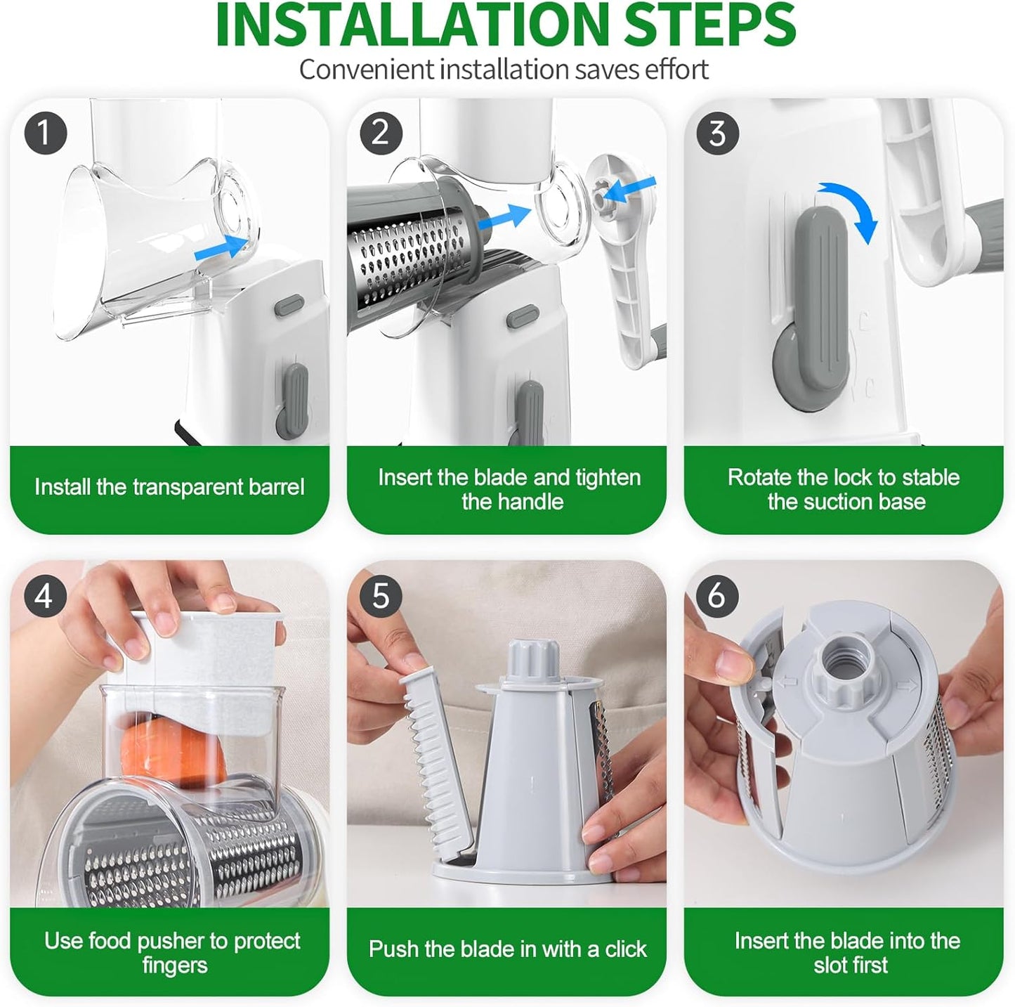 Ourokhome Rotary Cheese Grater Cheese Shredder with 5 Interchangeable Blades, Rotary Grater with Non-slip Suction Base Hand Crank Slicer for Vegetable Nuts Grey