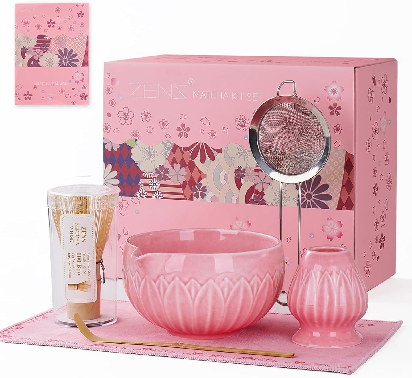 ZENS Pink Matcha Set, Matcha Whisk Set Includes 15oz Ceramic Bowl & (Chasen Holder), Bamboo Whisk & Scoop, Sifter and Pink Tea Towel, 6pcs Matcha Kit for Matcha Lovers
