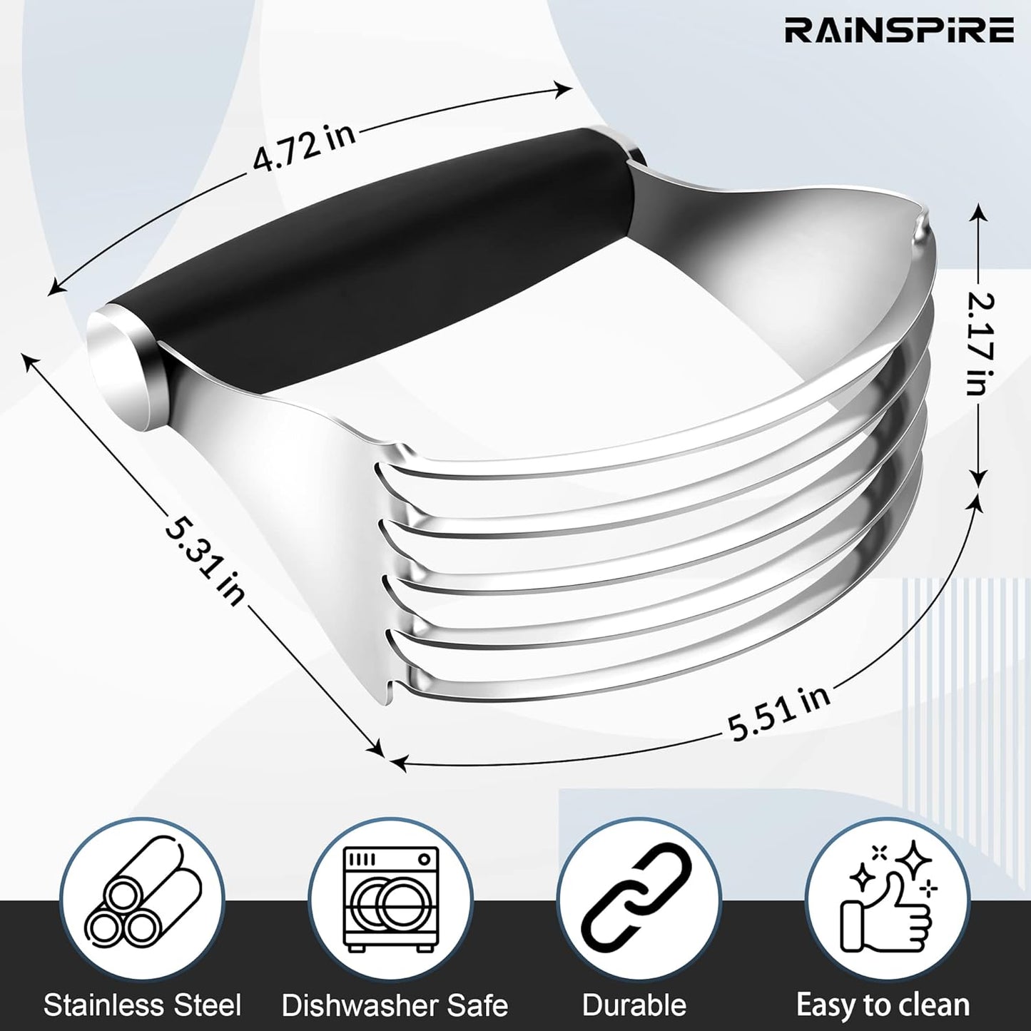 Rainspire XL Pastry Cutter For Baking, Heavy Duty Pastry Blender Stainless Steel, Thick Sharp Blades Dough Blender, Dough Cutter Butter Cutter Pastry for Easy Mixing, Dishwasher Safe (Black)