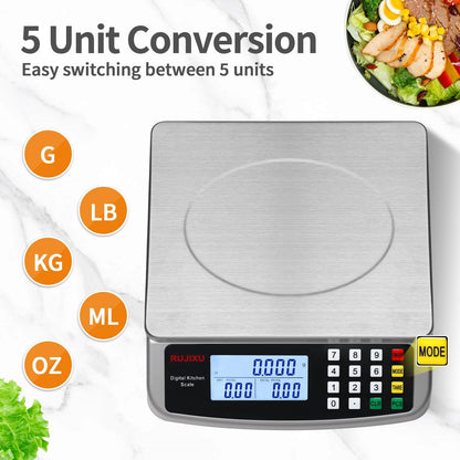 Large Digital Kitchen Scale 30KG Commercial Food Scale 66LB for Baking Bread Meat Stainless Steel Price Computing Scale LCD Display,Prep Counting Scale for Parts and Coins Adapter Included