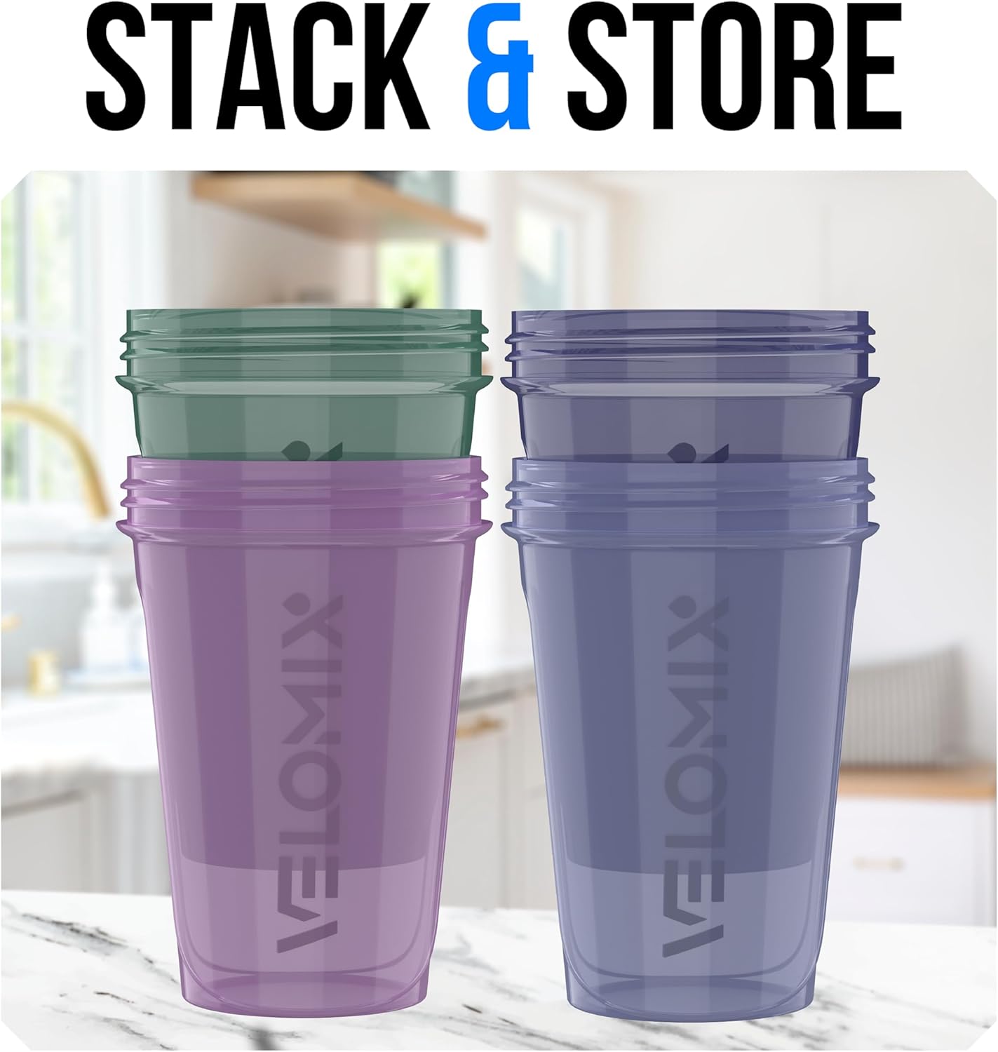 VELOMIX -4 PACK- 20 oz Protein Shaker Bottle for Protein Mixes - 4x Wire Whisk | Leak Proof Shaker Cups for Protein Shakes | Stackable Protein Shaker Bottle Pack | Dishwasher Safe (Blue Mirage)