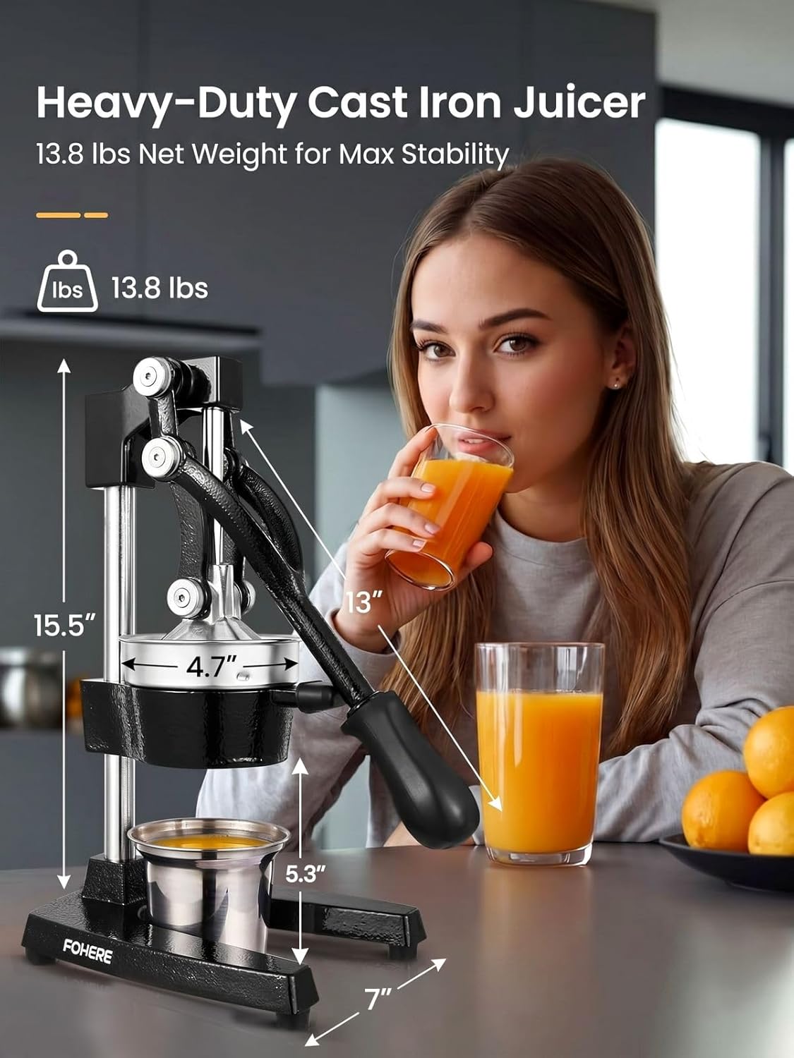 FOHERE Orange Juicer Squeezer, Cast Iron Lemon Squeezer, Commercial Citrus Juicer Hand Press for Orange, Lemon, Pomegranate, Grapefruit, Easy to Clean Citrus Squeezer with a Stainless Steel Cup