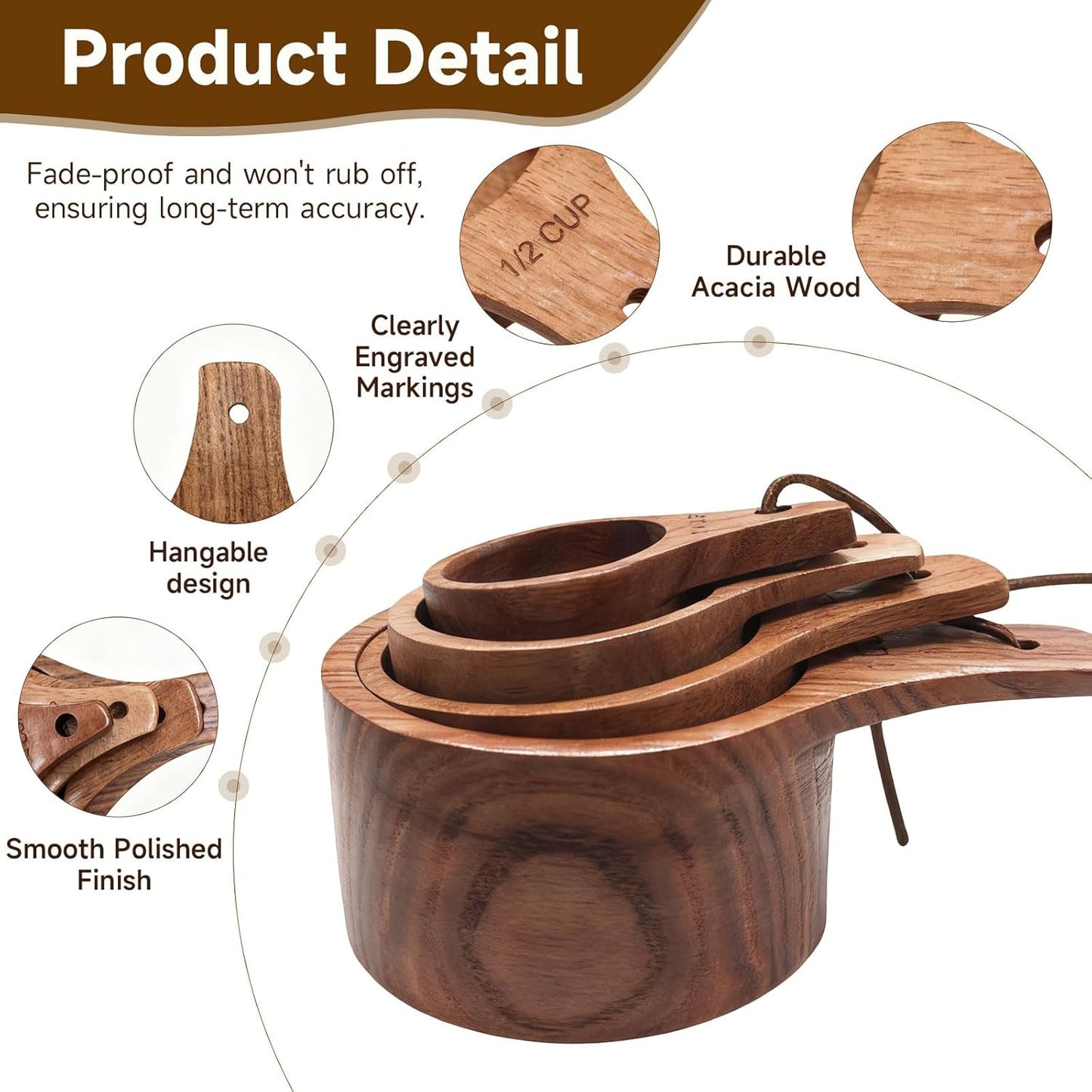 Wooden Measuring Cups and Spoons Set - Eco-Friendly Solid Acacia Wood, Laser Engraved Measurements, Perfect for Baking & Cooking - Ideal for Bakers, Chefs & Home Cooks（brown）