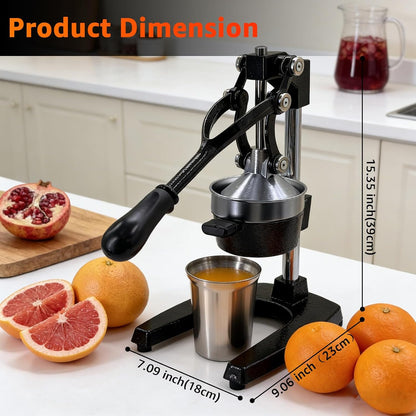 Manual Fruit Juicer Hand Press - Effortless Cast Iron Citrus Squeezer for Home - 304 Stainless Steel, Dishwasher Safe - Extract Fresh Juice from Pomegranate, Orange, Lemon - Non-Slip Base