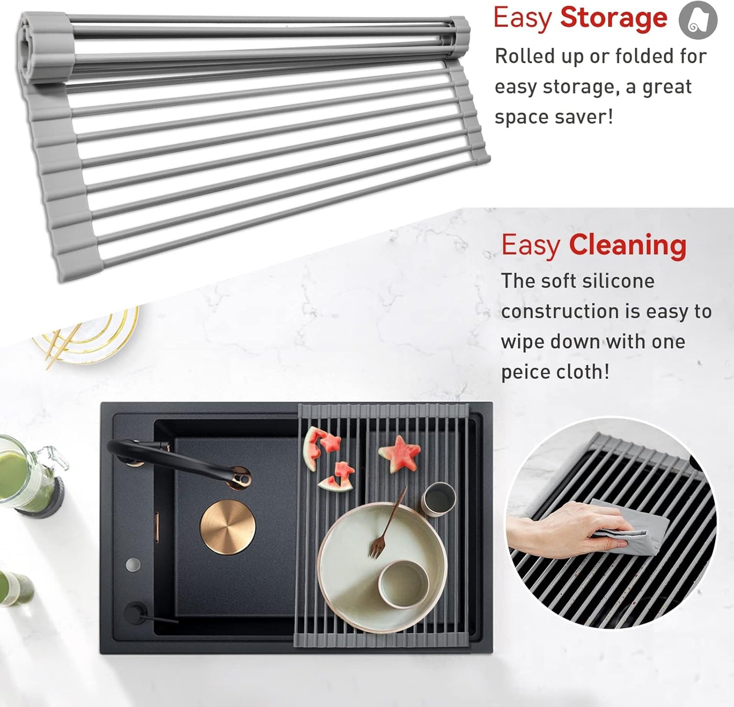 MERRYBOX Roll Up Over The Sink Dish Drying Rack Silicone Wrapped Foldable, Heat-Resistant, Anti-Slip Sink Rack Multipurpose Dish Drainer for Kitchen Sink Counter - White, 17.5" x 11"