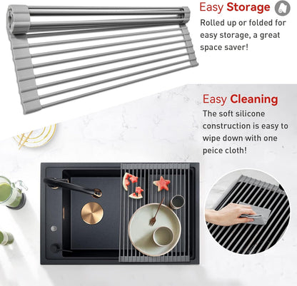 MERRYBOX Roll Up Over The Sink Dish Drying Rack Silicone Wrapped Foldable, Heat-Resistant, Anti-Slip Sink Rack Multipurpose Dish Drainer for Kitchen Sink Counter - White, 17.5" x 11"