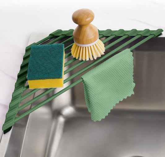 Tomorotec Small Triangle Roll-Up Dish Drying Rack with Silicone Coating Stainless Steel Frame for Sink Corners, Multipurpose Over-The-Sink Kitchen Drainer & Organizer for Space-Saving Storage (Black)