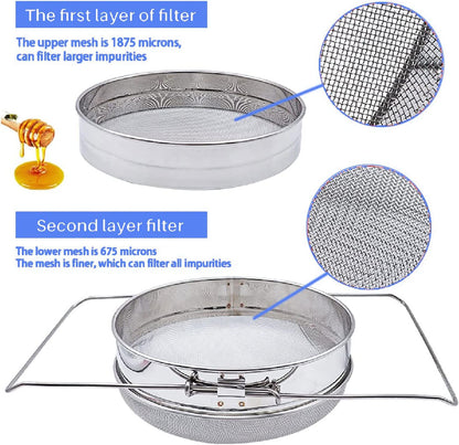 Honey Strainer for 5 Gallon Bucket Stainless Steel Double Sieve Honey Filter Strainer for Clean Honey with Up to 16.5 inches Extendable Arms