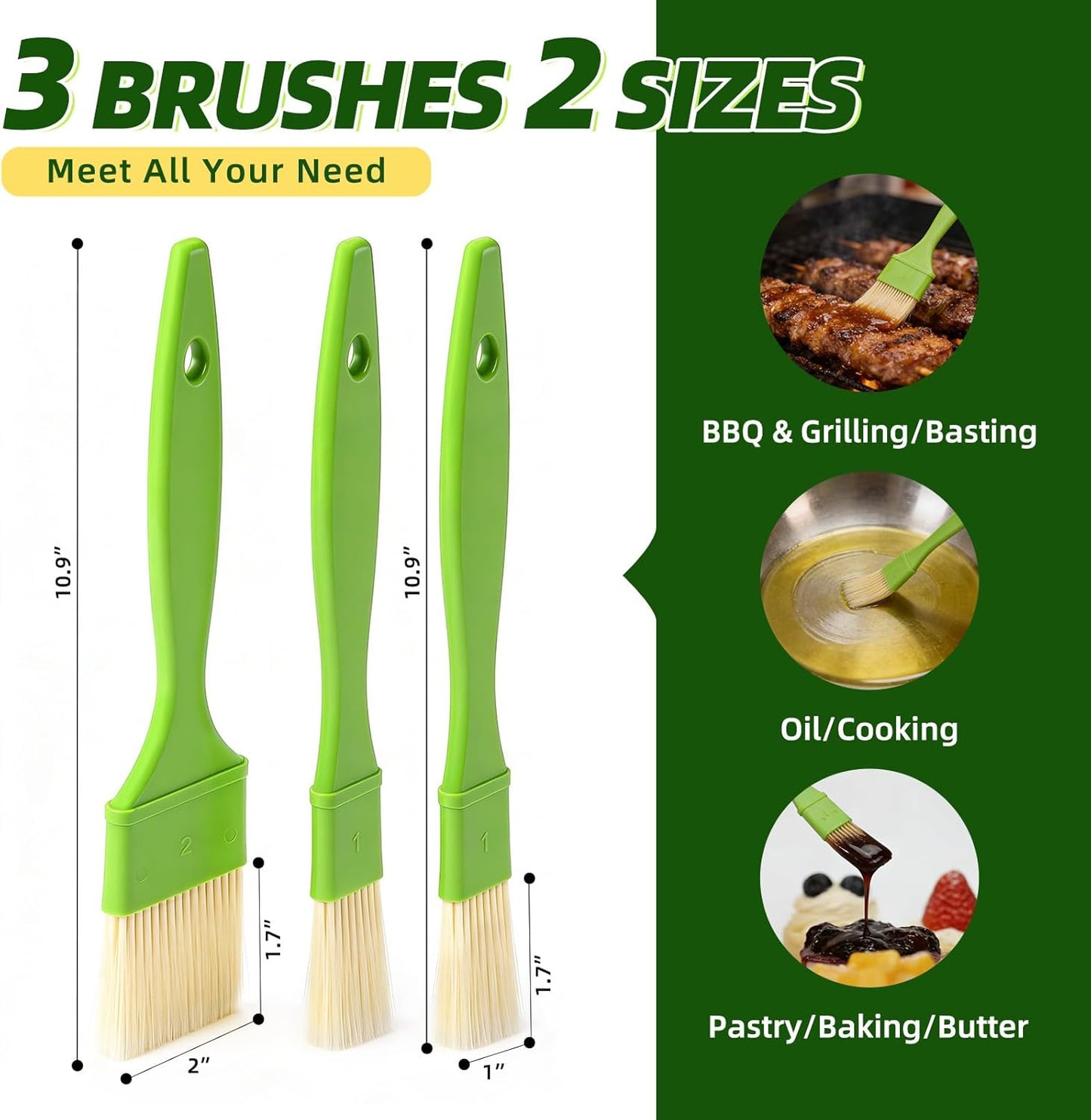 3 Pcs Pastry Brush Set, 1/1/2 inch Bristle Basting Brushes for Cooking, Heat Resistant, Kitchen Brush for Oil, BBQ Grill, Butter Sauce, Baking, with Hang Hole Design Green