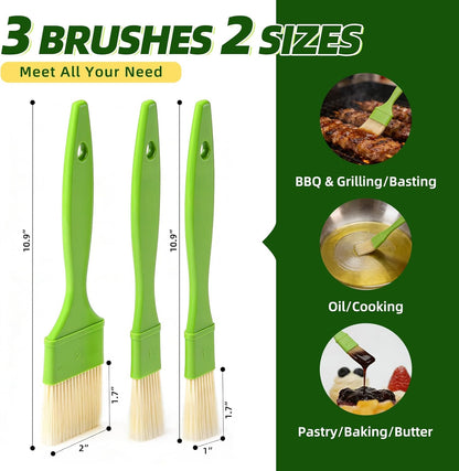 3 Pcs Pastry Brush Set, 1/1/2 inch Bristle Basting Brushes for Cooking, Heat Resistant, Kitchen Brush for Oil, BBQ Grill, Butter Sauce, Baking, with Hang Hole Design Green