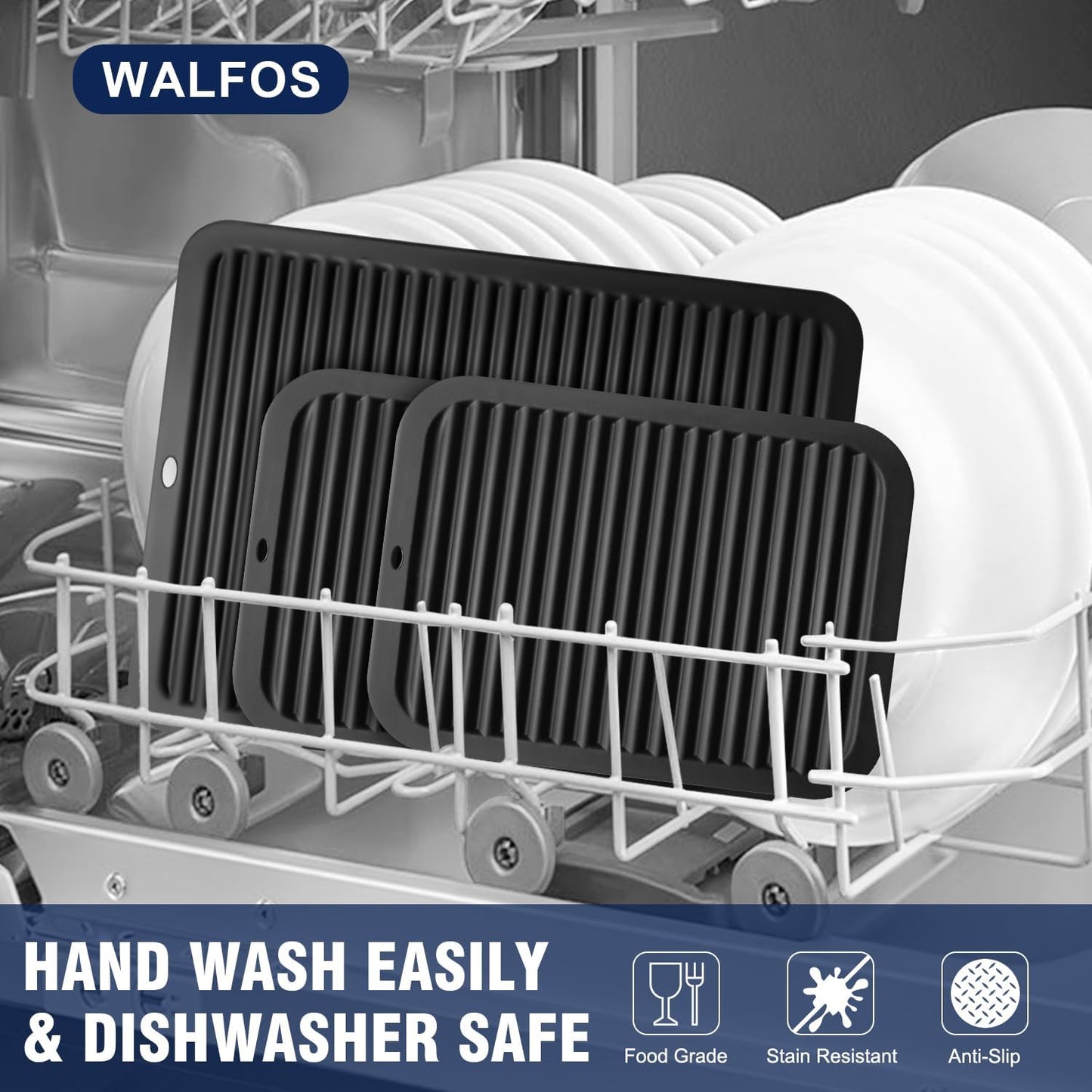 Walfos Silicone Trivet Mats - 4 Heat Resistant Pot Holders, Multipurpose Non-Slip Hot Pads for Kitchen Potholders, Hot Dishers, Jar Opener, Spoon Holder, Food Grade Silicone & BPA Free (Black)
