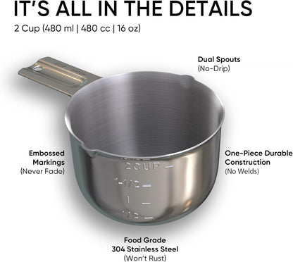 Color Up 2 Cup Measuring Cup, 480ml Stainless Steel Metal, Easy-Pour Spouts, Engraved Markings, Flat Base, Dishwasher Safe, for Dry and Liquid Ingredients